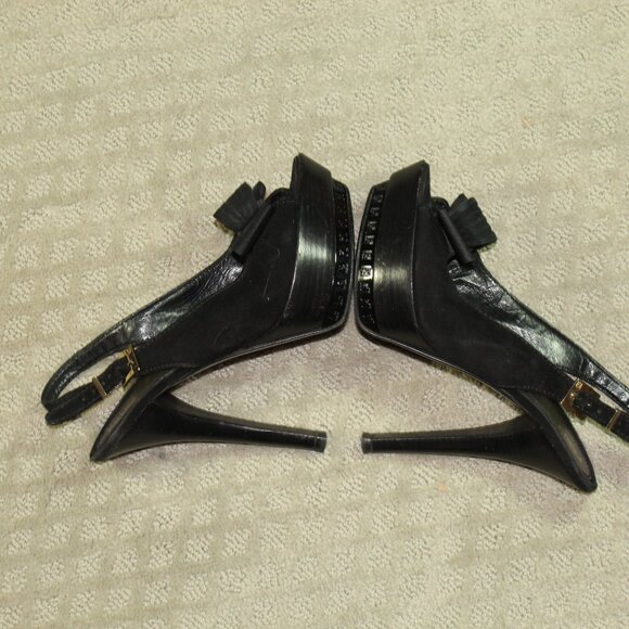 Fendi Black Suede Leather & Ribbon Bow Platform Sling Sandals Size 8 w/ COA - Picture 4 of 7